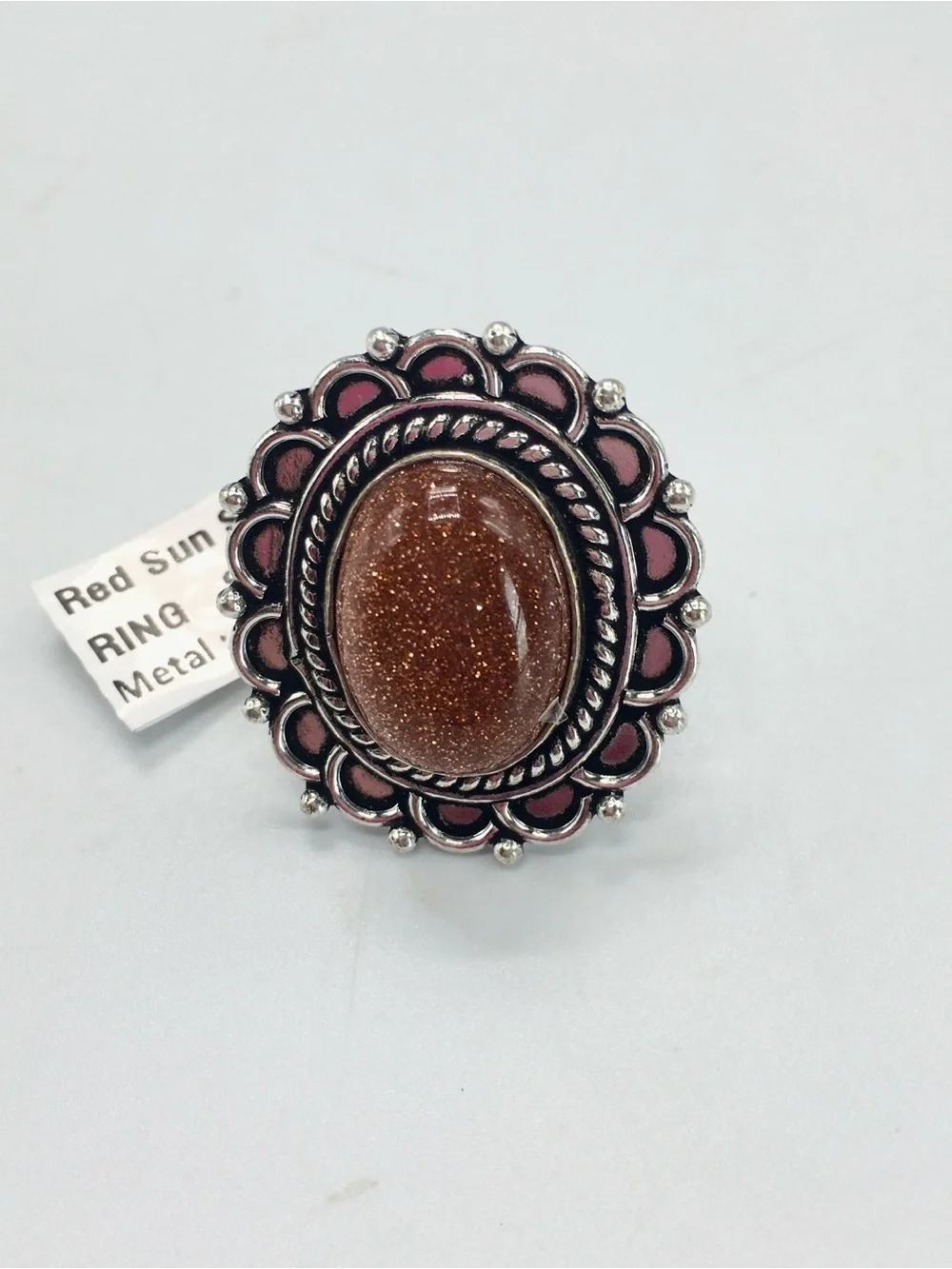 New Handmade Silver & Red Sun Stone Boho Statement Ring, Size 6